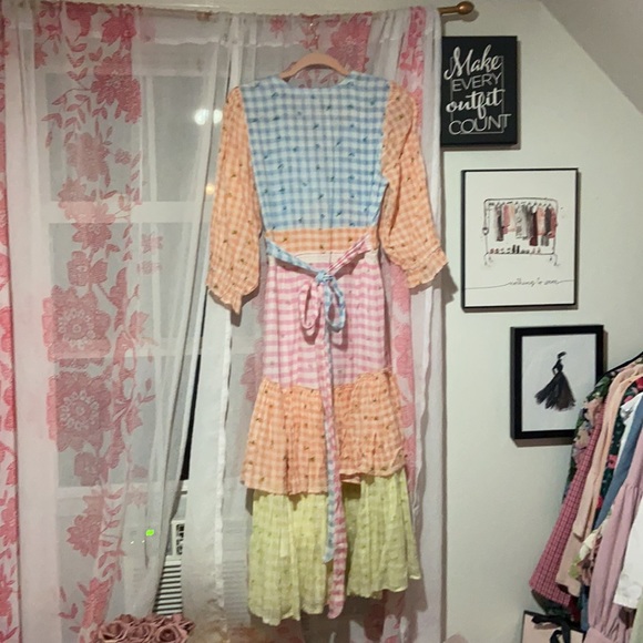 LoveShackFancy plaid tiered midi dress with pink, orange and yellow rosebuds - Picture 5 of 8